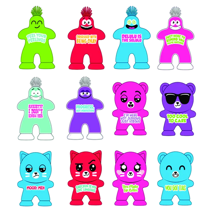 Colorful cartoon squishy  characters with various poses and text on a white background