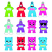 Colorful cartoon squishy  characters with various poses and text on a white background