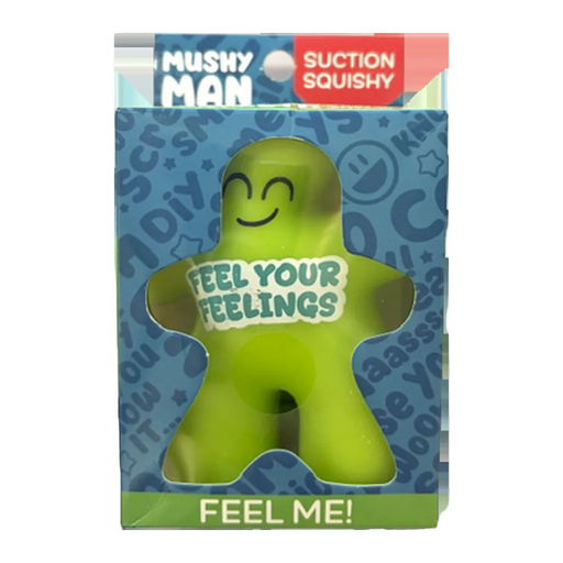 Green 'Mushy Man' toy with 'Feel Your Feelings' text in packaging on a white background