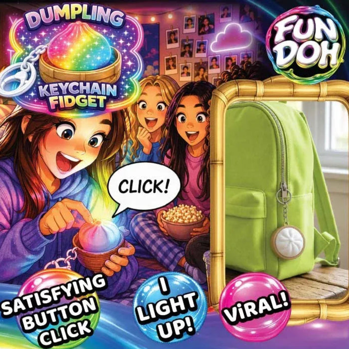 Promotional image of Dumpling Keychain Fidget with children and a green bag, featuring Fun Doh branding.
