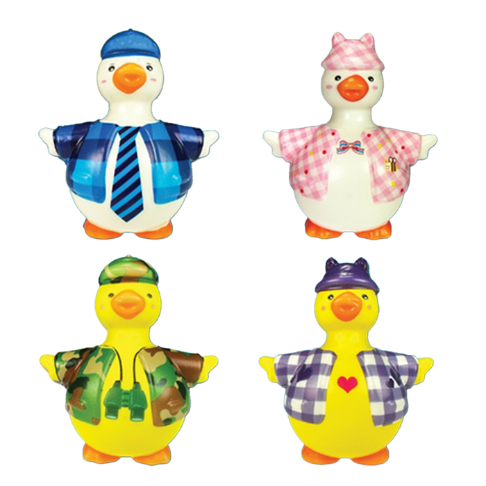 Four rubber ducks with different outfits on a white background