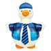 Toy duck wearing a blue outfit with a checkered pattern and striped tie on a white background