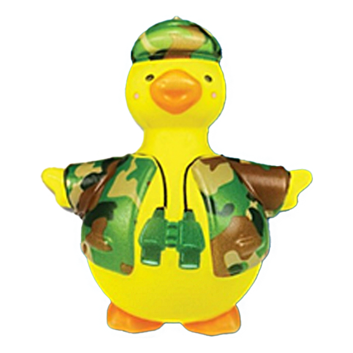 Yellow rubber duck with camouflage outfit and hat on a white background