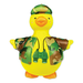 Yellow rubber duck with camouflage outfit and hat on a white background