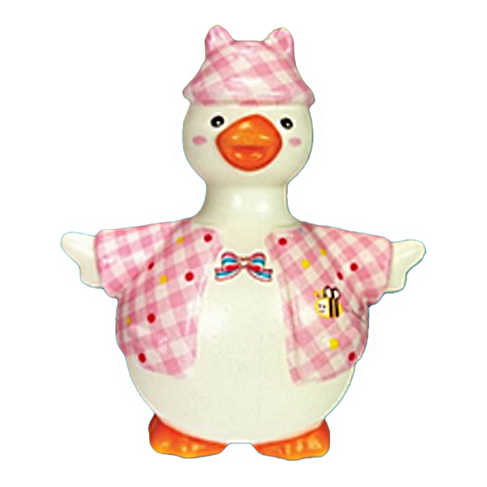 Decorative duck figurine with pink checkered outfit on a white background
