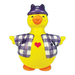 Yellow rubber duck wearing a purple hat and checkered shirt with a red heart on a white background