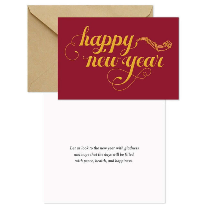Red card with 'Happy New Year' text and brown envelope on a white background
