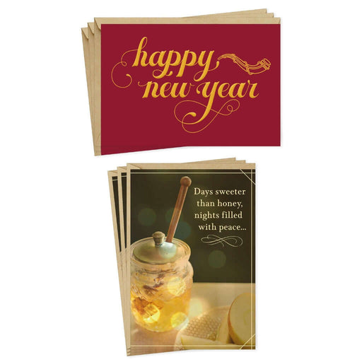 Two greeting cards with Rosh Hashanah  'Happy New Year' and a jar of honey design on a white background