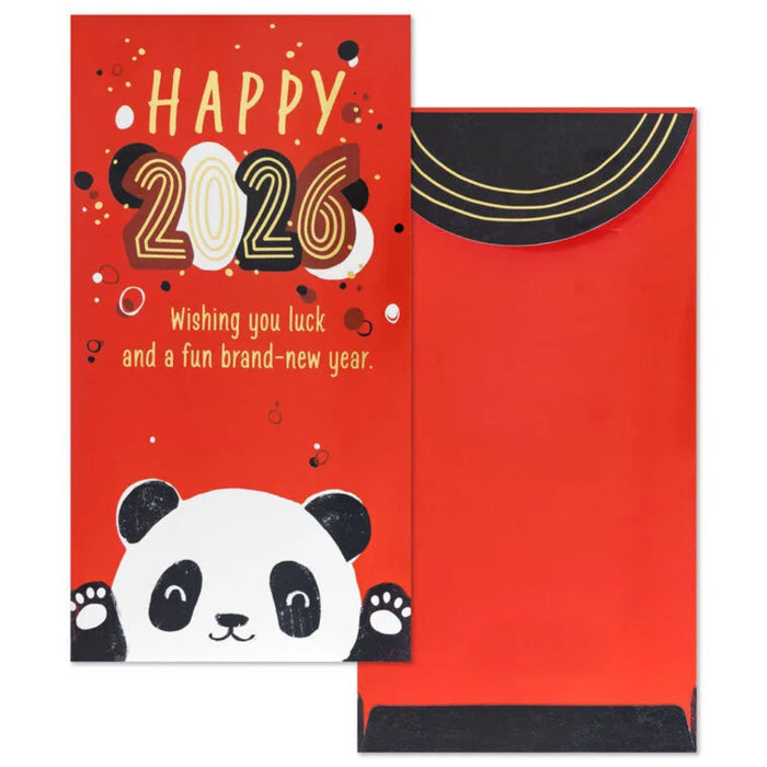 Red card with panda illustration and 'Happy 2026' text on a white background