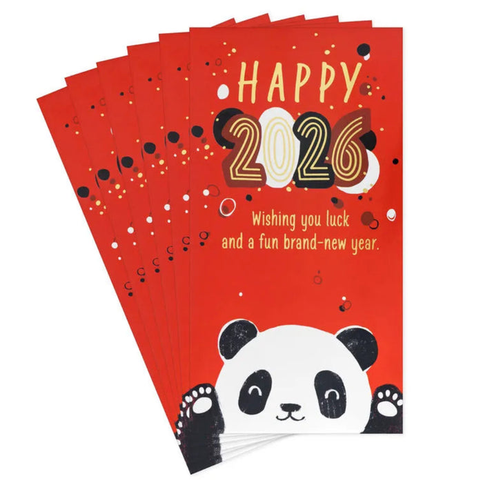 Red greeting cards with a panda design and 'Happy 2026' text on a white background