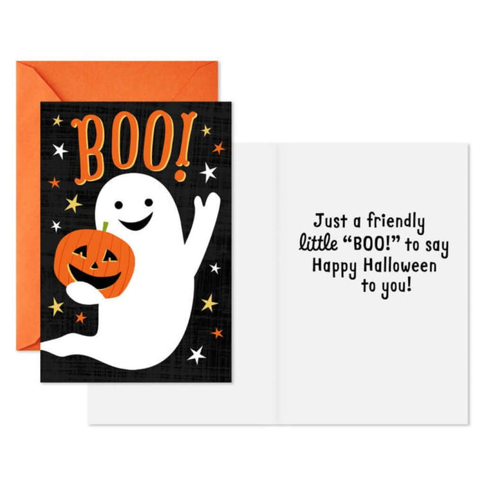 Halloween card with ghost holding a pumpkin and orange envelope