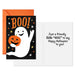 Halloween card with ghost holding a pumpkin and orange envelope