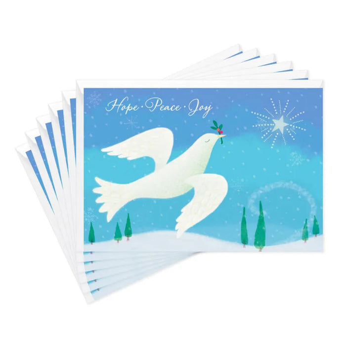 Pack of Christmas cards with a dove and 'Hope Peace Joy' text on a blue background.