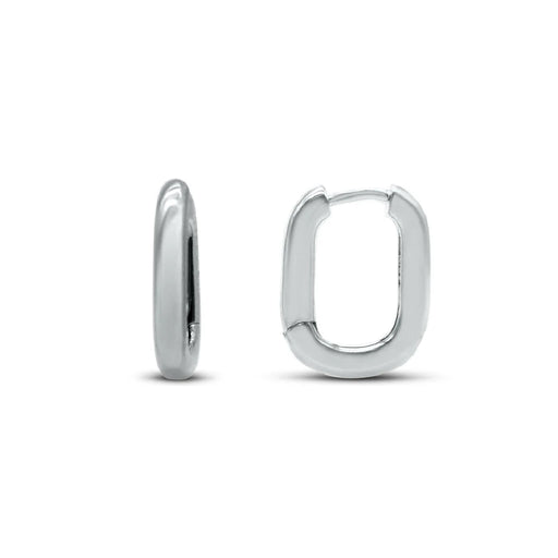 A pair of elegant silver plated hoop earrings displayed against a neutral background.