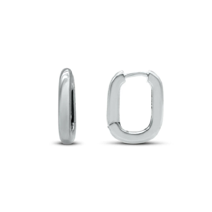 A pair of elegant silver plated hoop earrings displayed against a neutral background.
