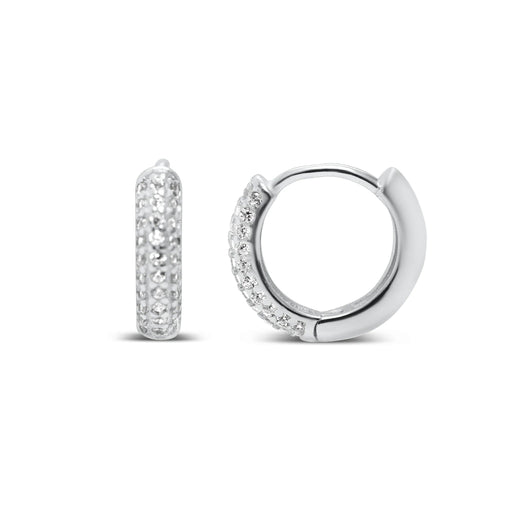 Stia Couture Pavé Totally Tubular Huggie earrings in silver crafted from .925 sterling silver with sparkling pavé stones and a secure hinge snap-back closure.