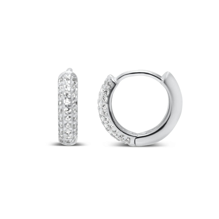 Stia Couture Pavé Totally Tubular Huggie earrings in silver crafted from .925 sterling silver with sparkling pavé stones and a secure hinge snap-back closure.
