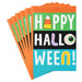 Stack of Halloween-themed greeting cards with colorful design and text.