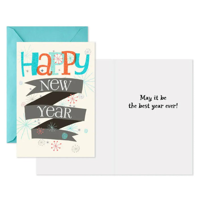 New Year's card with colorful text and a blue envelope on a white background