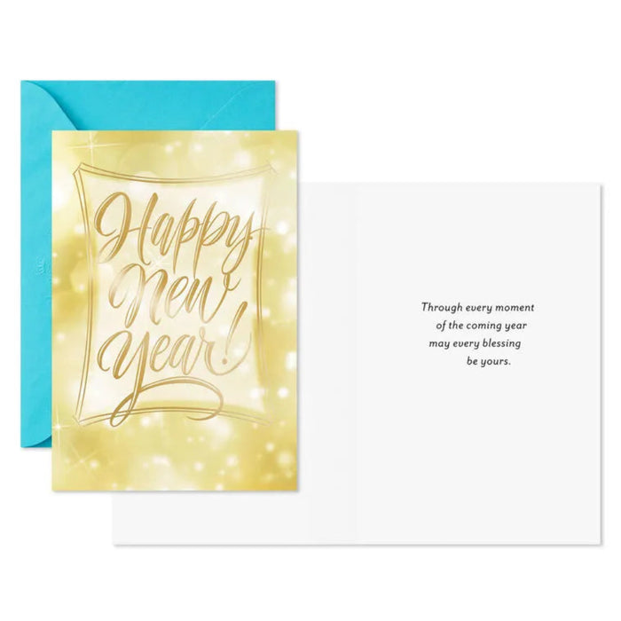 Happy New Year card with gold text and blue envelope on a white background
