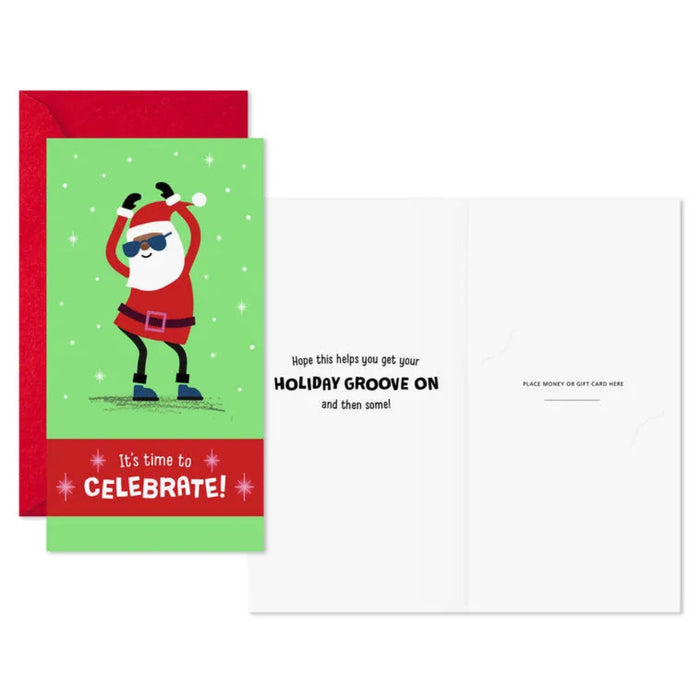 Holiday card with a cartoon Santa Claus dancing, text 'It's time to celebrate!' and 'Hope this helps you get your holiday groove on and then some!'.