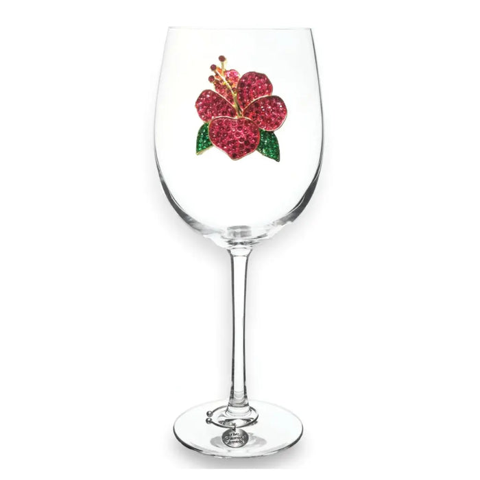 Hand-jeweled Hibiscus Wine Glass sparkling rhinestones in a Hibiscus design on a white background 
