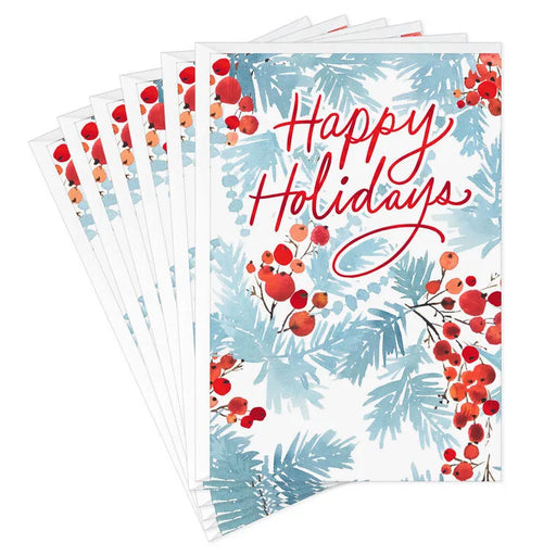 Set of Christmas-themed greeting cards with 'Happy Holidays' text and winter foliage design.