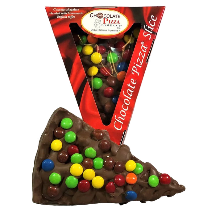 Chocolate pizza slice with colorful candies and packaging on a white background