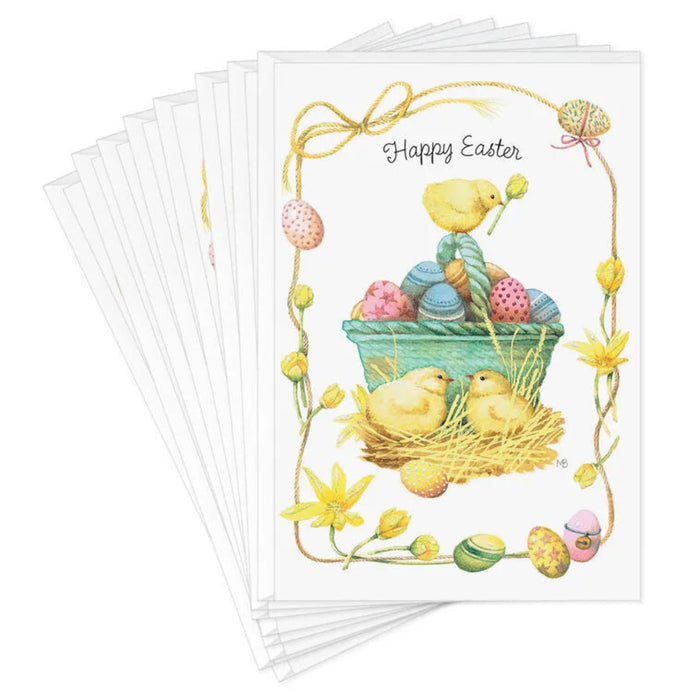 Stack of Easter greeting cards with chicks and eggs design on a white background