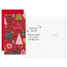 Red Christmas-themed card with festive illustrations and a white envelope.