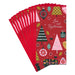 Stack of red Christmas-themed cards with festive designs on a white background