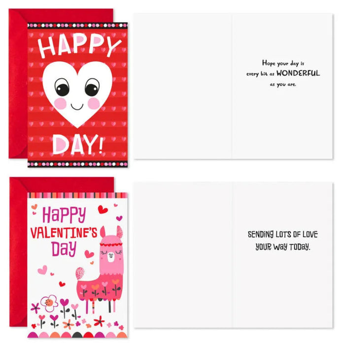 Two Valentine's Day cards with heart designs and text on a white background