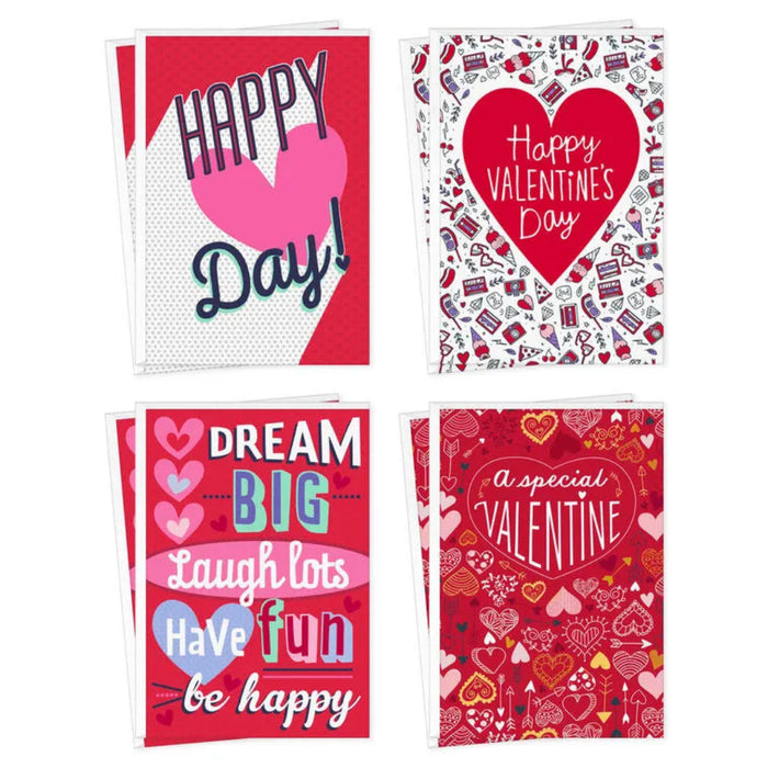 Four Valentine's Day-themed greeting cards with different designs and text.