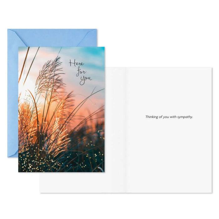 Greeting card with sunset grass design and 'Here for you' text, featuring a blue envelope.