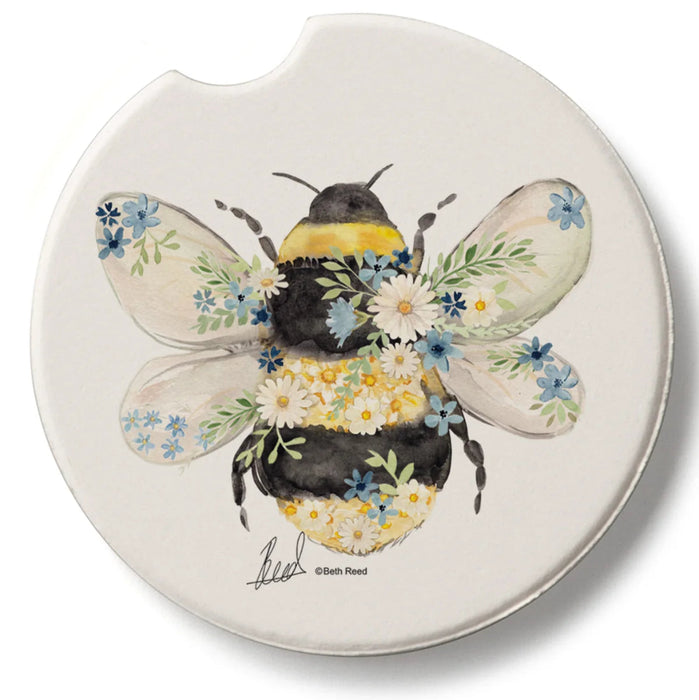 Highland Beautiful Bee Car Coaster featuring a cheerful bee illustration with an absorbent surface, designed to fit most vehicle cup holders while helping keep them clean and dry.