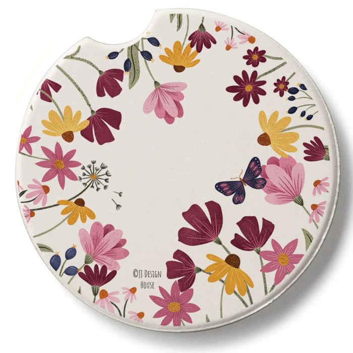 Highland Blooming Border Car Coaster featuring a colorful floral border design with an absorbent surface, designed to fit most vehicle cup holders while helping keep them clean and dry.