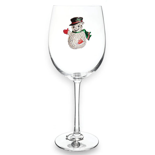 Wine glass with a snowman decoration on a white background