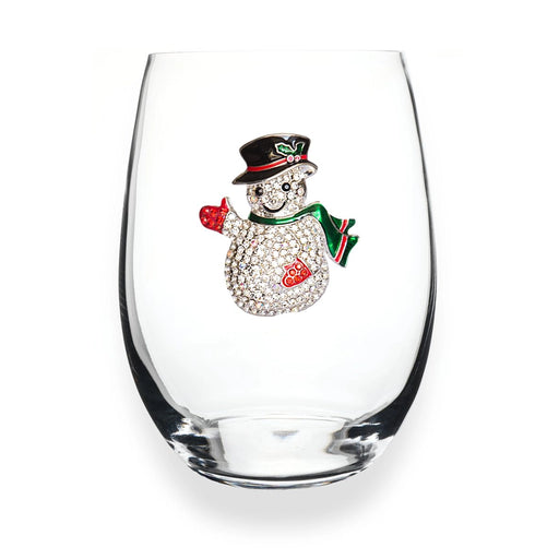 Clear glass with a decorative snowman charm on a white background