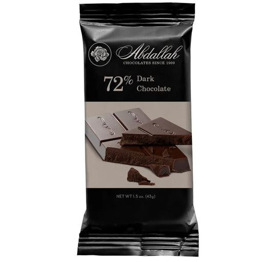 A package of Abdallah 72% Dark Chocolate, 1.5 oz (43g), in a glossy black and beige bag with a photo of chocolate bars on the front.