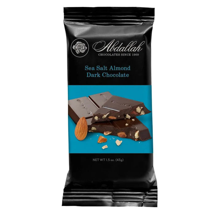 A package of Abdallah Sea Salt Almond Dark Chocolate, 1.5 oz (42g), featuring a black and blue wrapper with an image of chocolate bars and almonds.