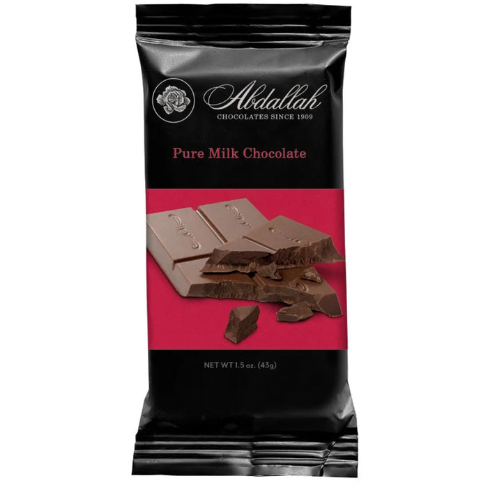 A package of Alidallah Pure Milk Chocolate, 1.5 oz (43g), featuring a black and magenta wrapper with a photo of chocolate bars and pieces.