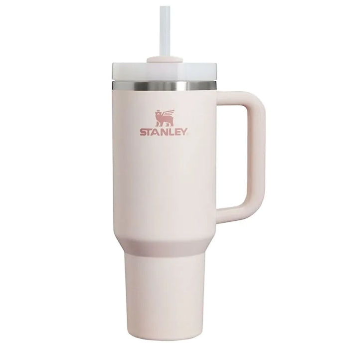 Stanley mug with handle and straw on a white background