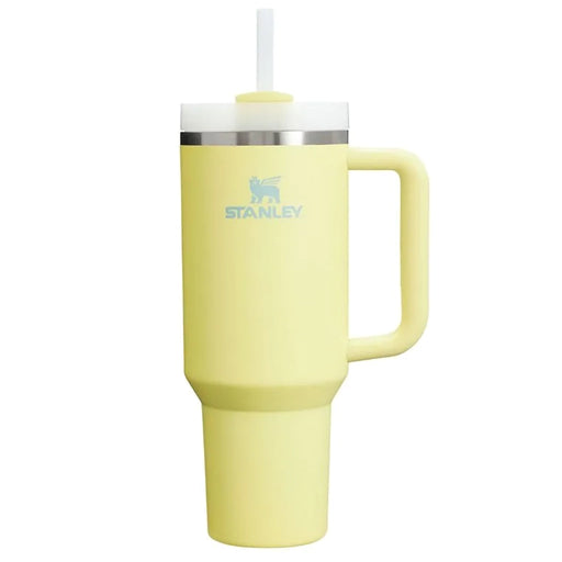 Yellow tumbler with handle and straw lid on a white background