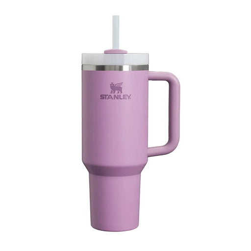 Pink Stanley mug with handle and straw on a white background