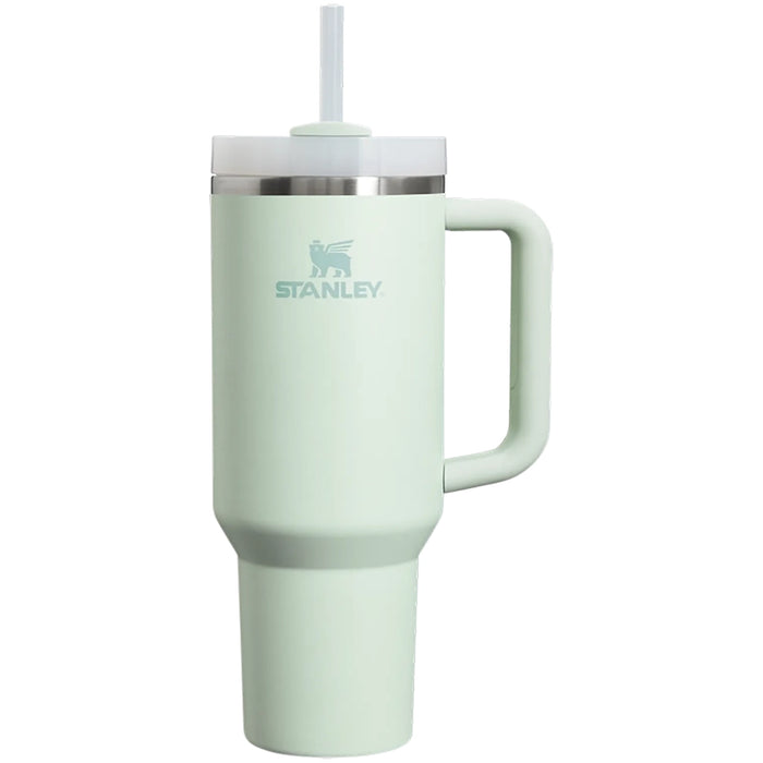 Mint green Stanley mug with handle and straw on a white background