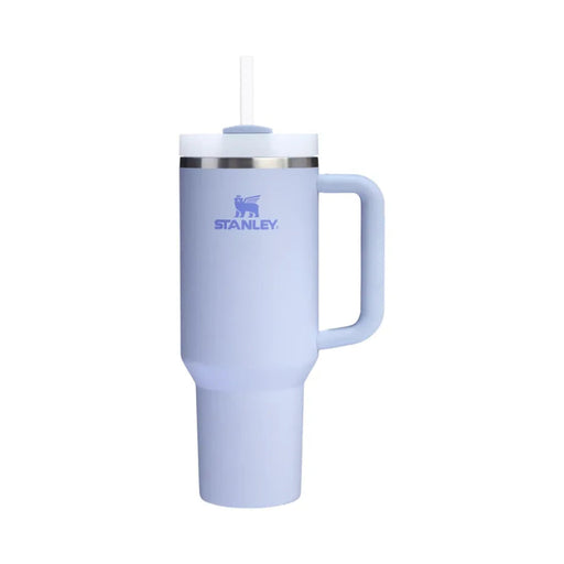 Light blue Stanley mug with handle on a white background