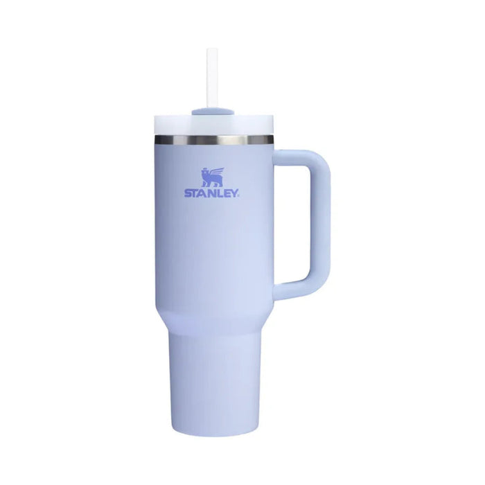Light blue Stanley mug with handle on a white background