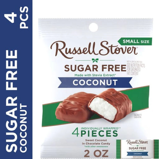  Russell Stover sugar-free coconut chocolate, four-piece pack, featuring individually wrapped coconut-filled candies.