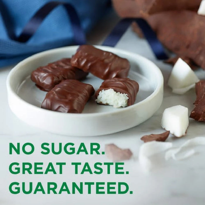 Four-piece pack of Russell Stover sugar-free coconut chocolates, showcasing a delicious coconut filling.