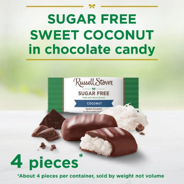 Russell Stover sugar-free coconut candy pack, containing four individually wrapped pieces of coconut chocolate.